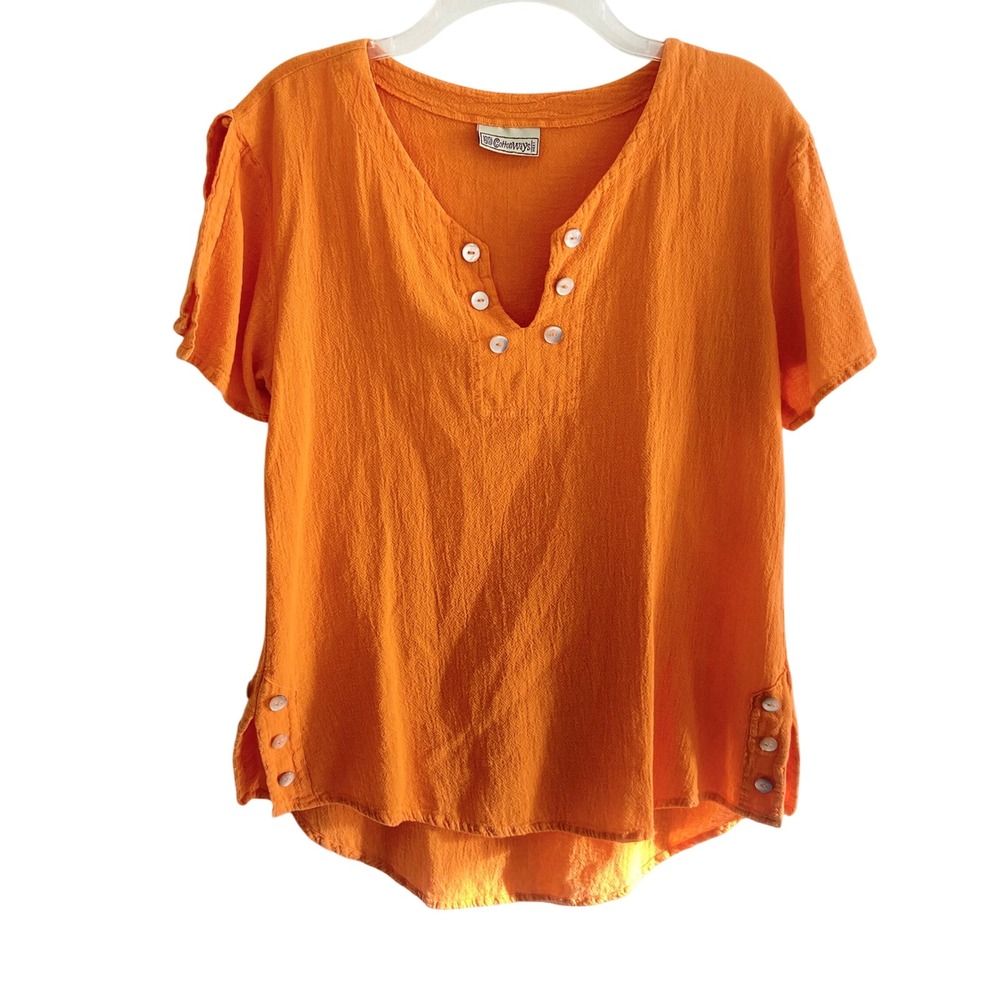 Cottonways Orange Gauze Split Sleeve Button V-Neck Top Size 1 Womens Coastal